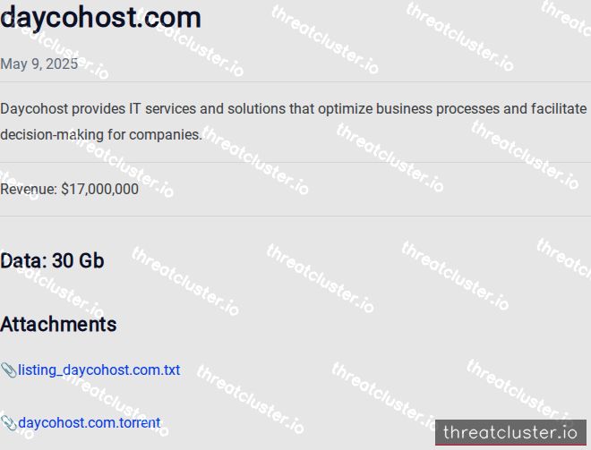 Leak-site post naming daycohost.com, captured by ThreatCluster