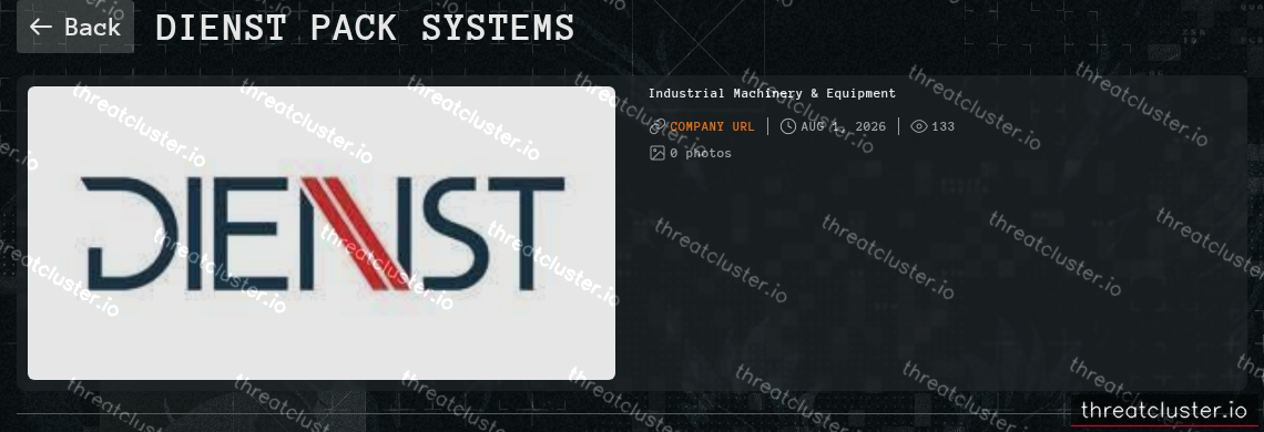 Leak-site post naming Dienst Pack Systems, captured by ThreatCluster