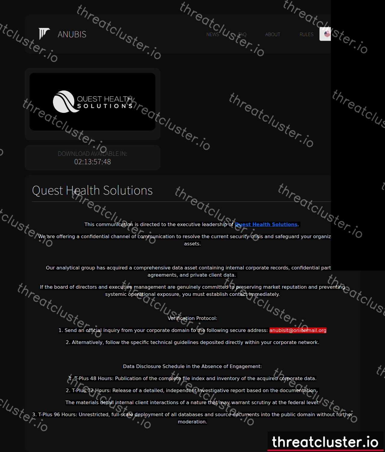Leak-site post naming Quest Health Solutions, captured by ThreatCluster