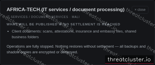 Leak-site post naming AFRICA-TECH (IT services / document processing), captured by ThreatCluster