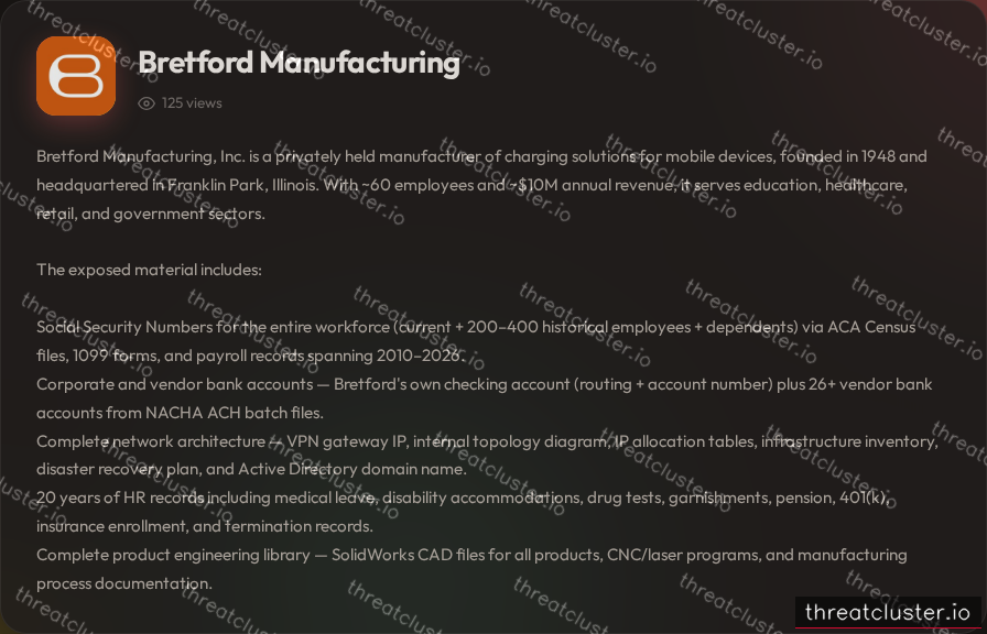 Leak-site post naming Bretford Manufacturing, captured by ThreatCluster