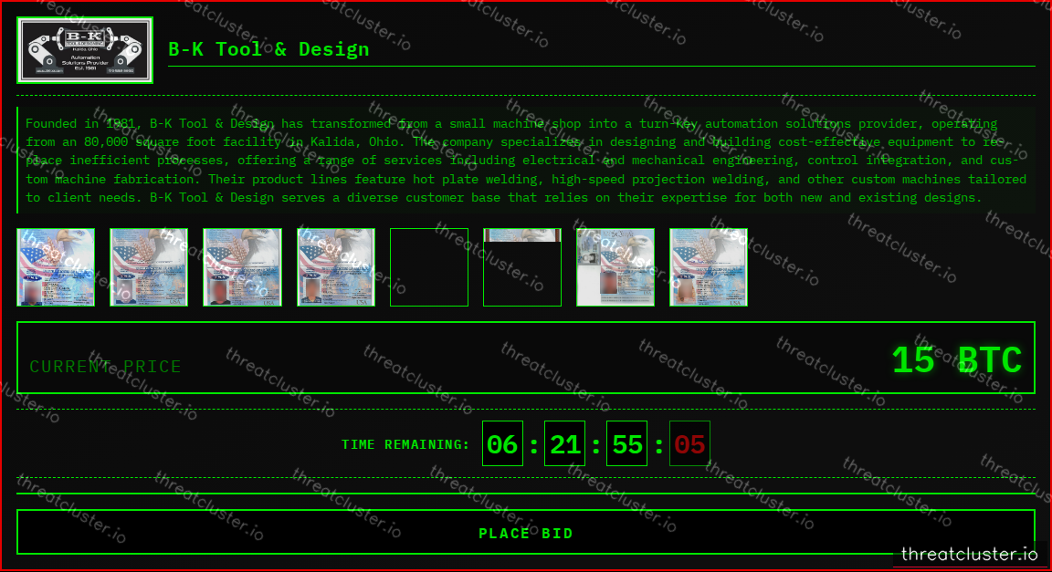 Leak-site post naming B-K Tool & Design, captured by ThreatCluster