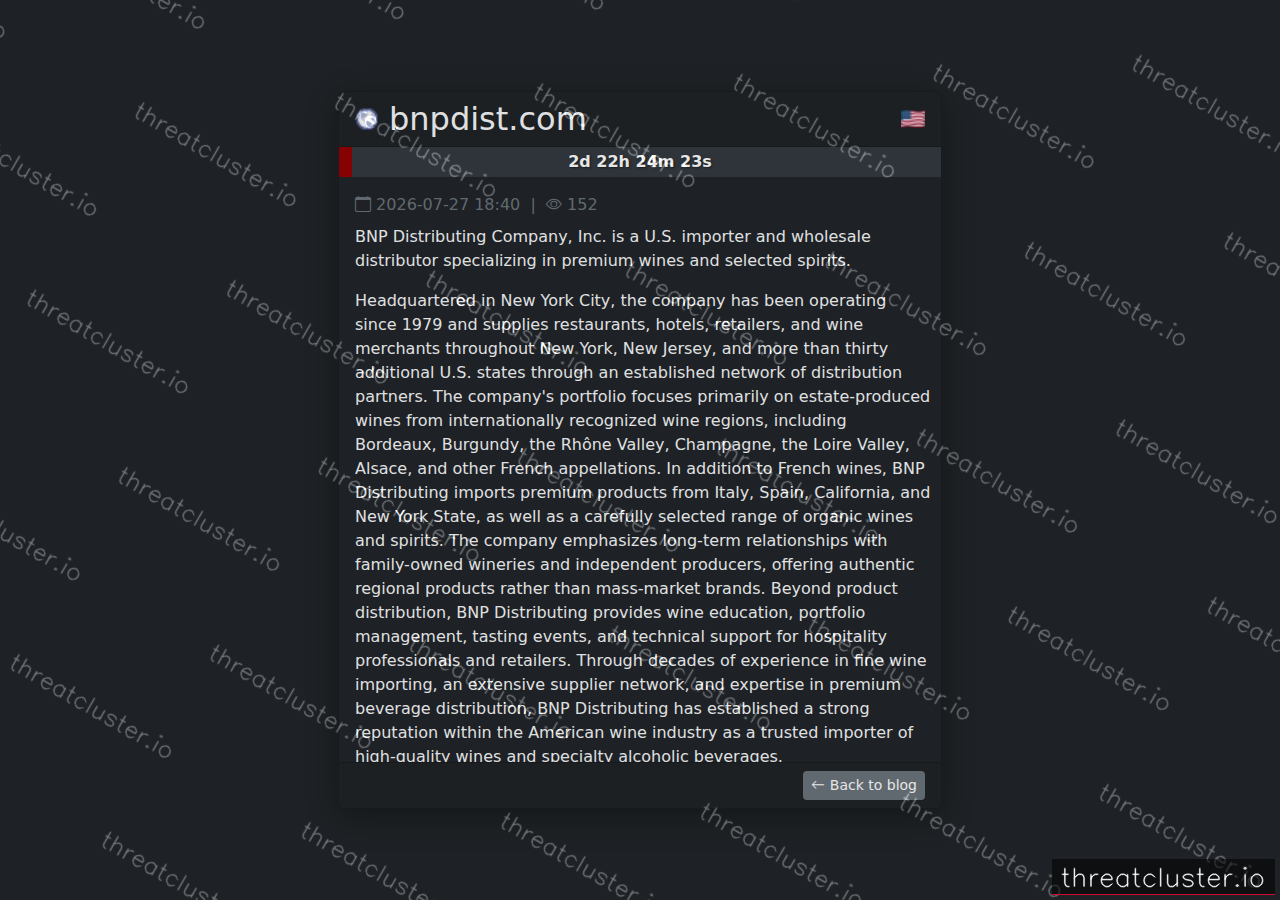 Leak-site post naming bnpdist.com, captured by ThreatCluster