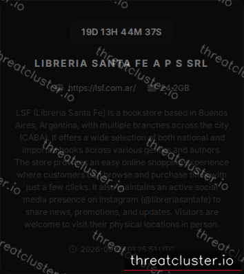 Leak-site post naming LIBRERIA SANTA FE A P S SRL, captured by ThreatCluster