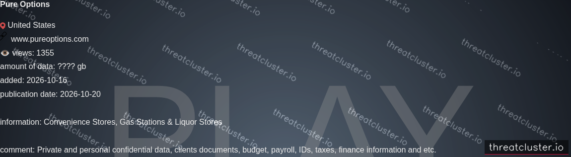 Leak-site post naming Pure Options, captured by ThreatCluster