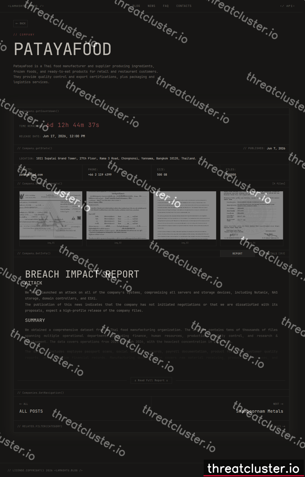 Leak-site post naming PatayaFood, captured by ThreatCluster