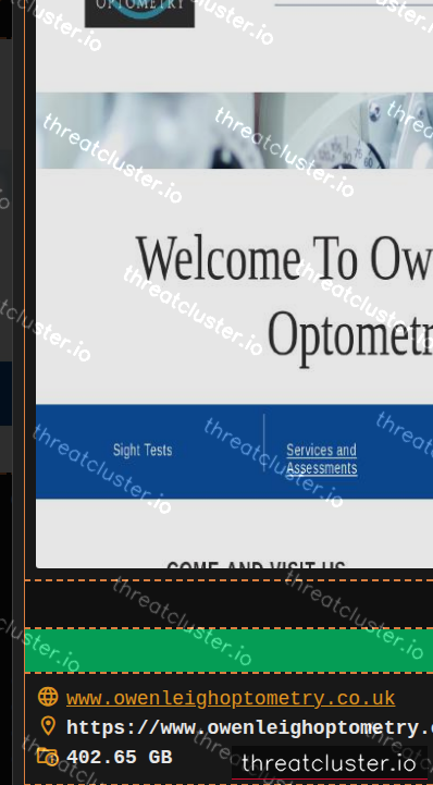 Leak-site post naming Owen Leigh Optometry, captured by ThreatCluster