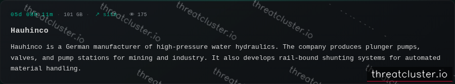 Leak-site post naming Hauhinco, captured by ThreatCluster