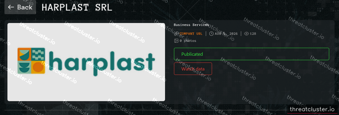 Leak-site post naming Harplast SRL, captured by ThreatCluster
