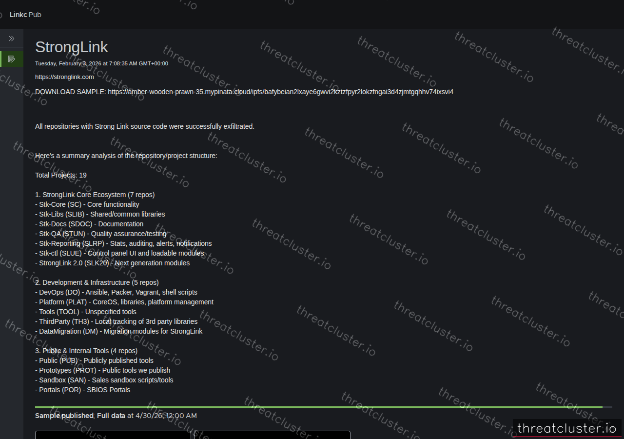 Leak-site post naming StrongLink, captured by ThreatCluster