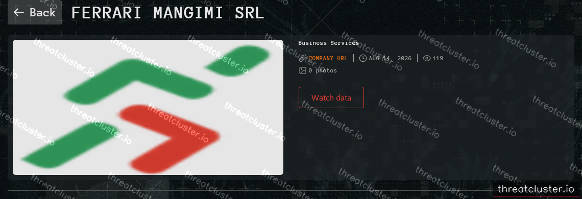 Leak-site post naming FERRARI MANGIMI SRL, captured by ThreatCluster
