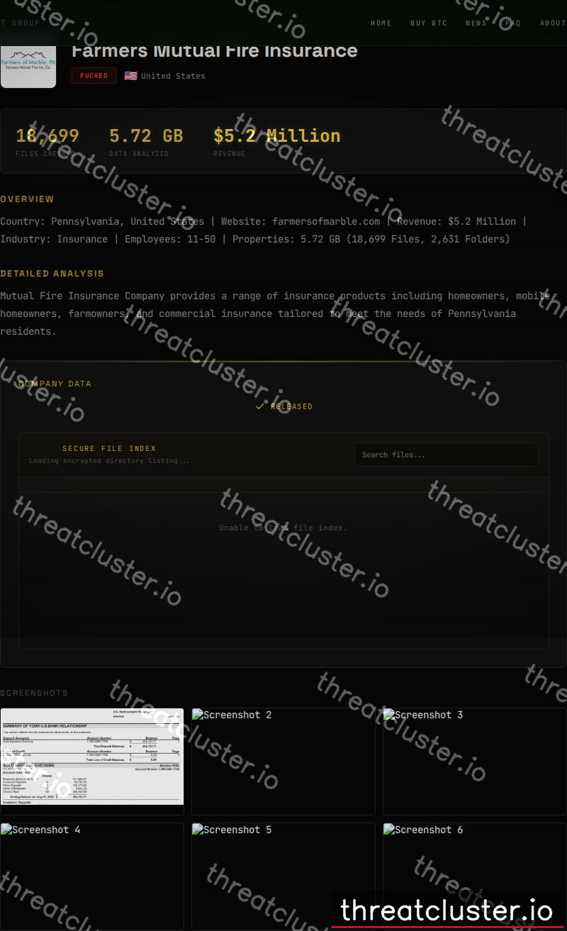 Leak-site post naming Farmers Mutual Fire Insurance, captured by ThreatCluster