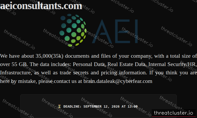 Leak-site post naming aeiconsultants.com, captured by ThreatCluster
