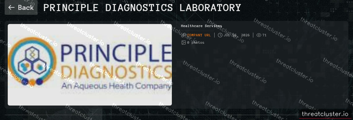 Leak-site post naming Principle Diagnostics Laboratory, captured by ThreatCluster