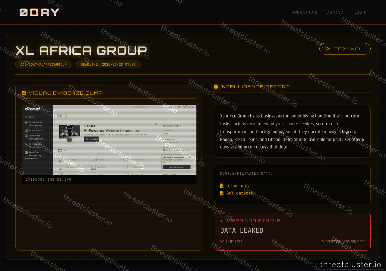 Leak-site post naming xl africa group, captured by ThreatCluster