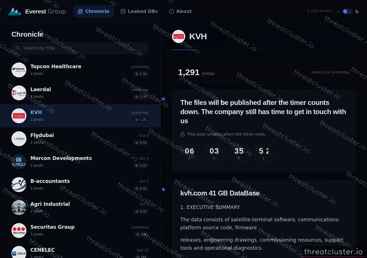 Leak-site post naming KVH, captured by ThreatCluster
