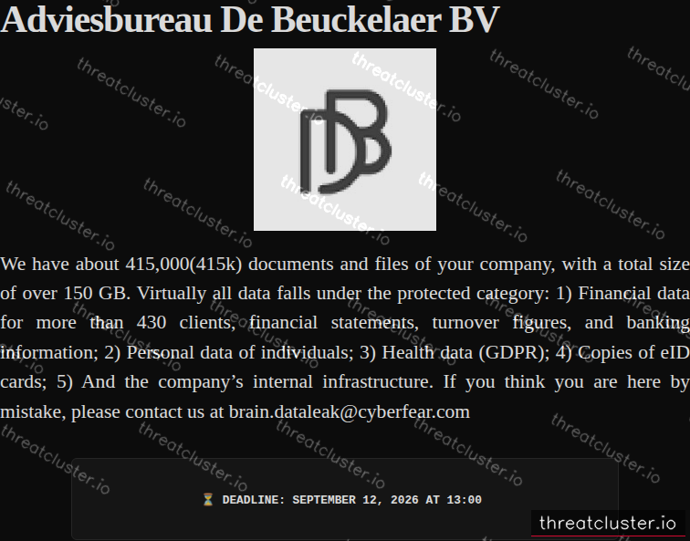 Leak-site post naming Adviesbureau De Beuckelaer BV, captured by ThreatCluster