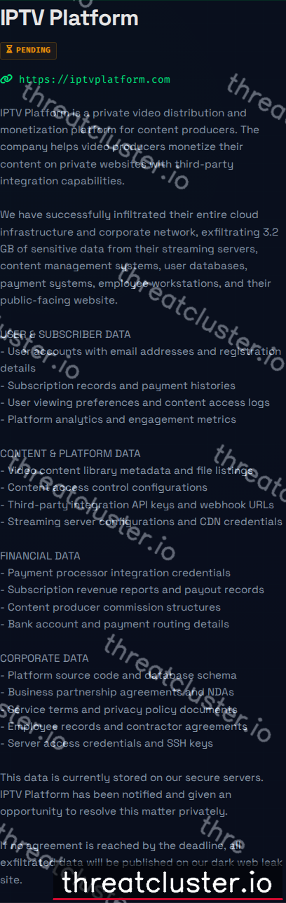 Leak-site post naming IPTV Platform, captured by ThreatCluster