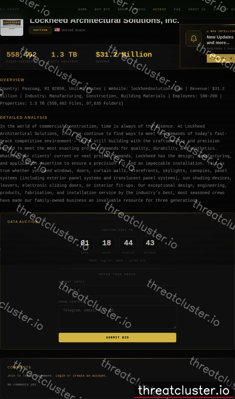 Leak-site post naming Lockheed Architectural Solutions, Inc., captured by ThreatCluster