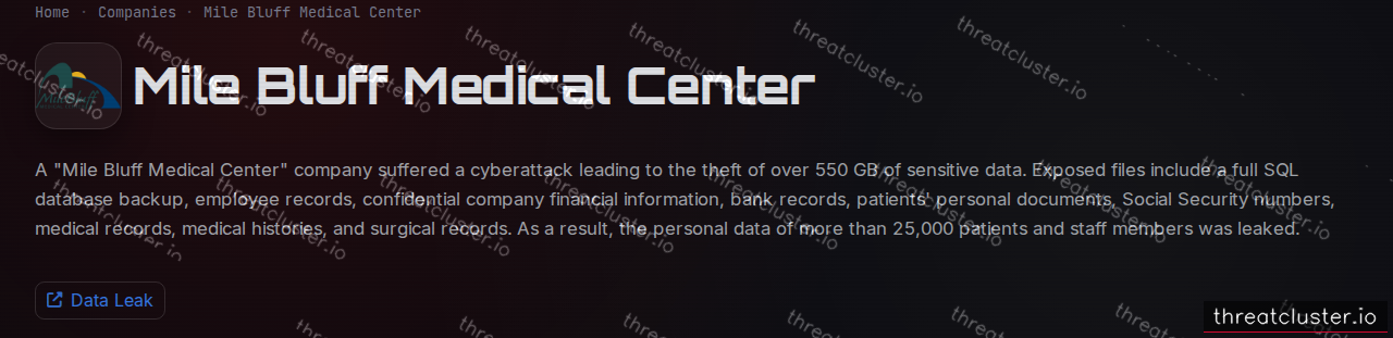 Leak-site post naming Mile Bluff Medical Center, captured by ThreatCluster