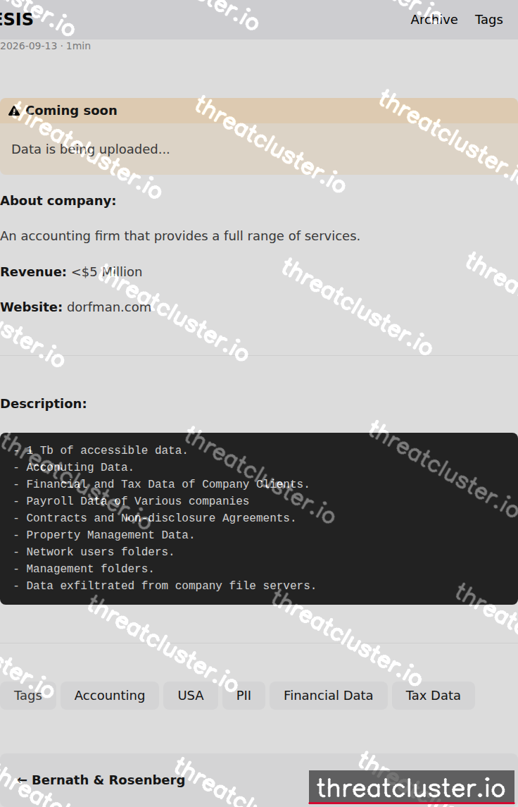Leak-site post naming Dorfman Abrams Music, P.C, captured by ThreatCluster