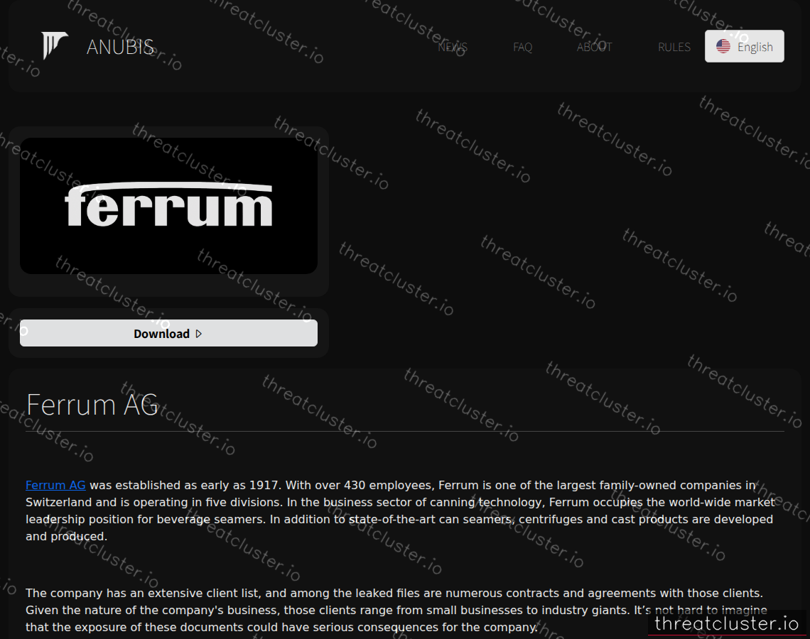 Leak-site post naming Ferrum AG, captured by ThreatCluster