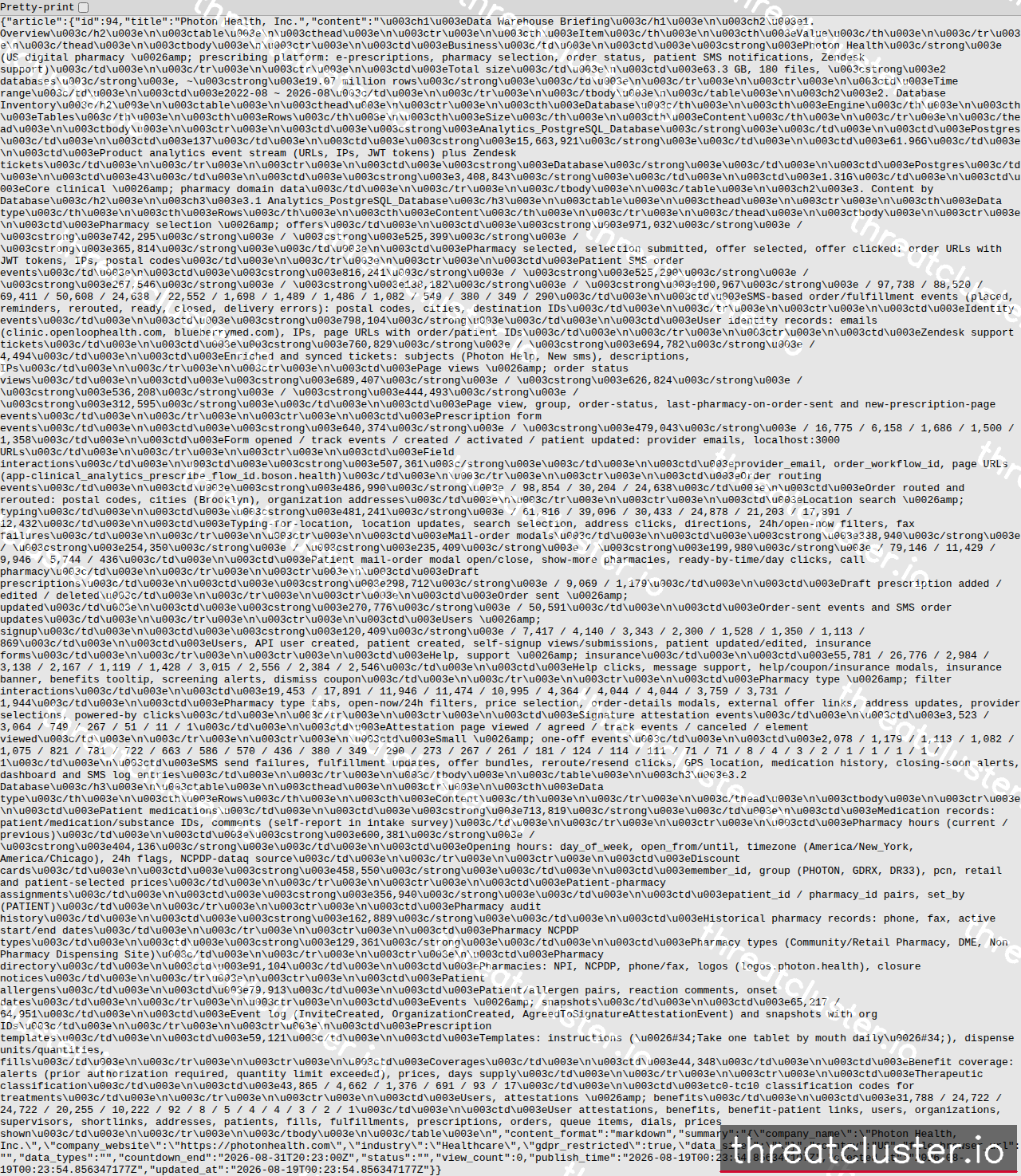 Leak-site post naming Photon Health, Inc., captured by ThreatCluster