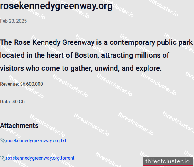 Leak-site post naming rosekennedygreenway.org, captured by ThreatCluster