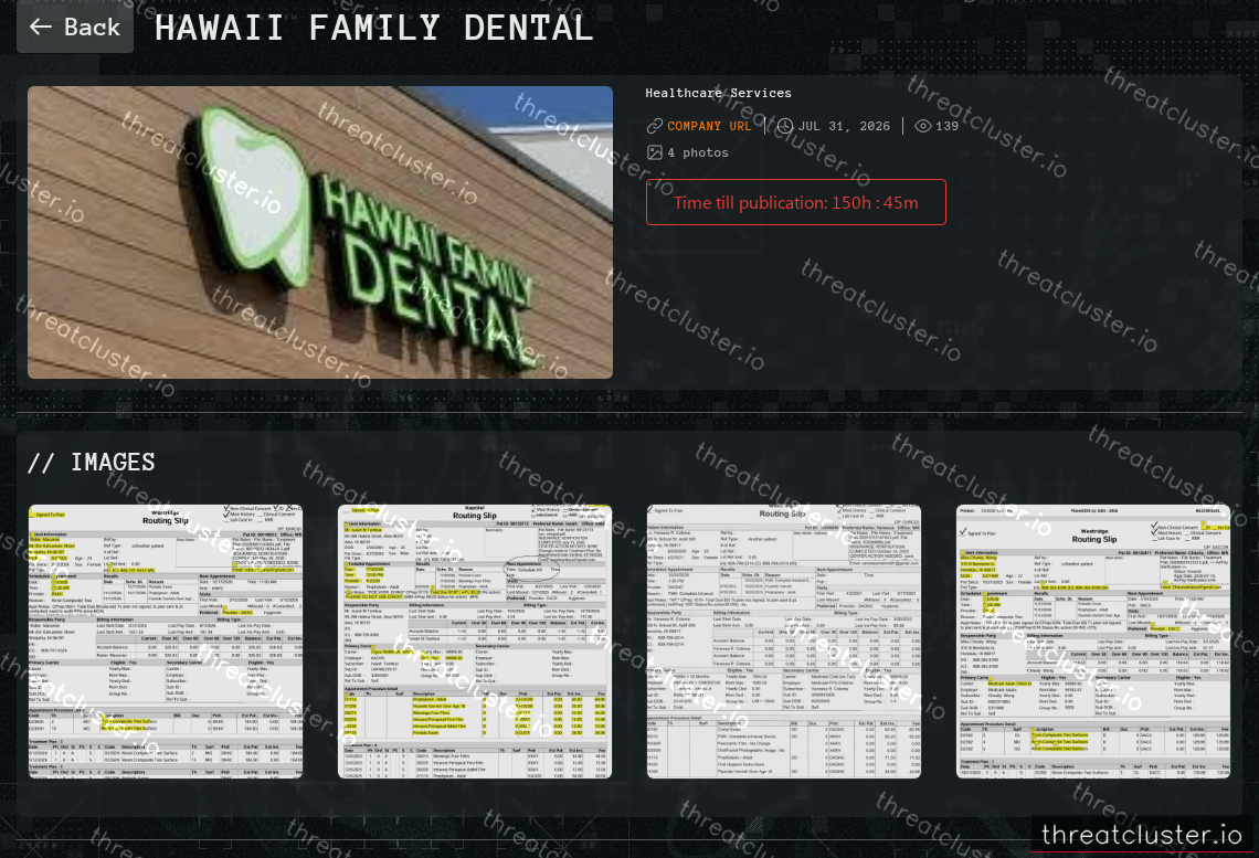 Leak-site post naming Hawaii Family Dental, captured by ThreatCluster