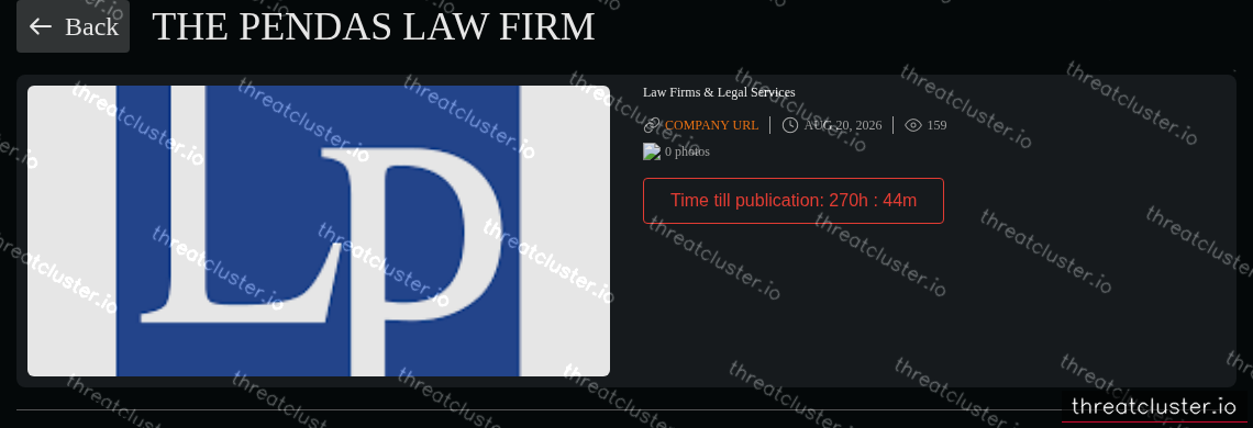 Leak-site post naming The Pendas Law Firm, captured by ThreatCluster