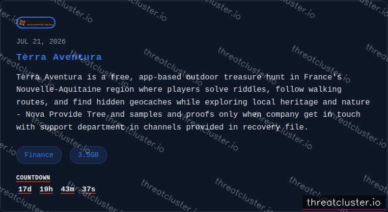 Leak-site post naming Tèrra Aventura, captured by ThreatCluster