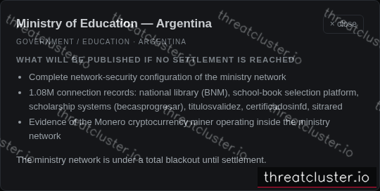 Leak-site post naming Ministry of Education — Argentina, captured by ThreatCluster
