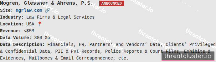 Leak-site post naming Mogren, Glessner & Ahrens, P.S., captured by ThreatCluster