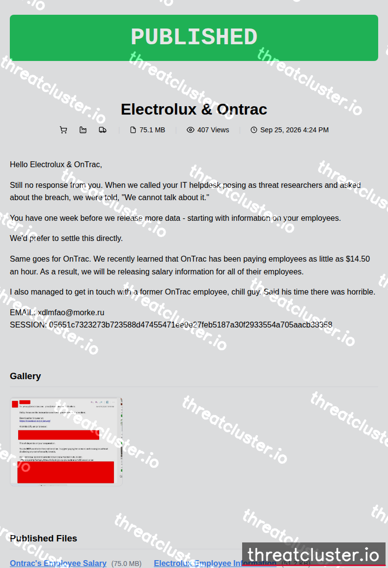 Leak-site post naming Electrolux & Ontrac, captured by ThreatCluster