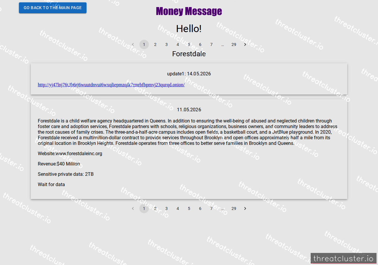 Leak-site post naming Forestdale, captured by ThreatCluster