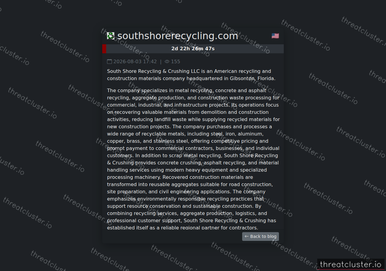Leak-site post naming southshorerecycling.com, captured by ThreatCluster