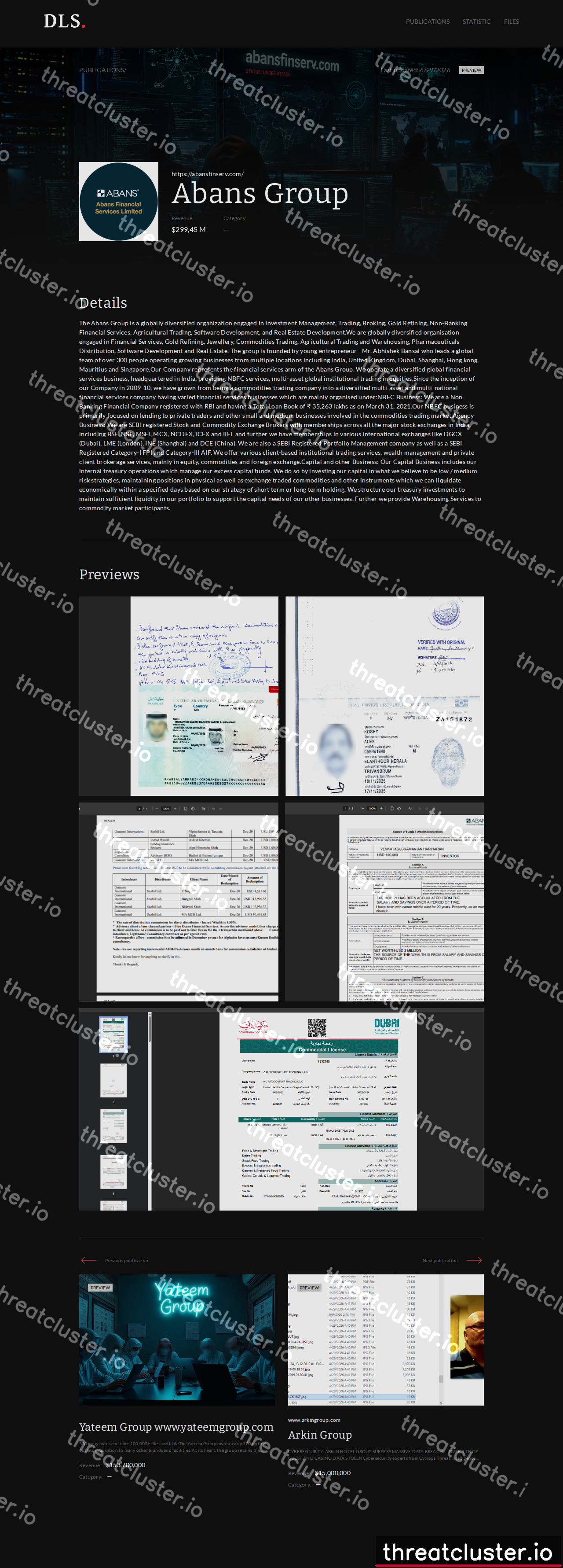 Leak-site post naming Abans Finserv, captured by ThreatCluster
