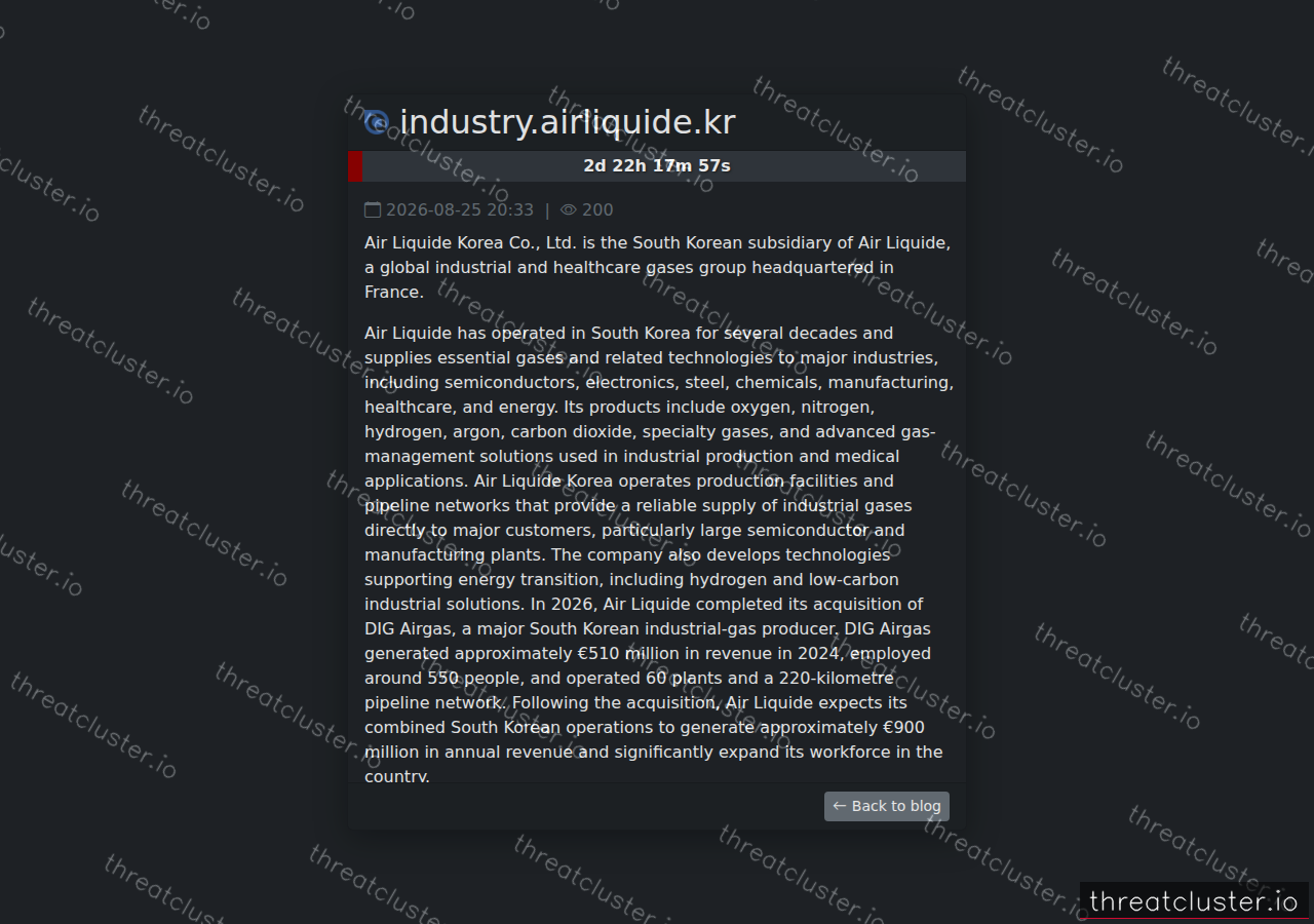 Leak-site post naming industry.airliquide.kr, captured by ThreatCluster
