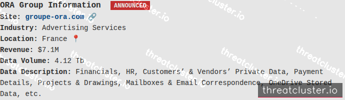 Leak-site post naming ORA Group Information, captured by ThreatCluster