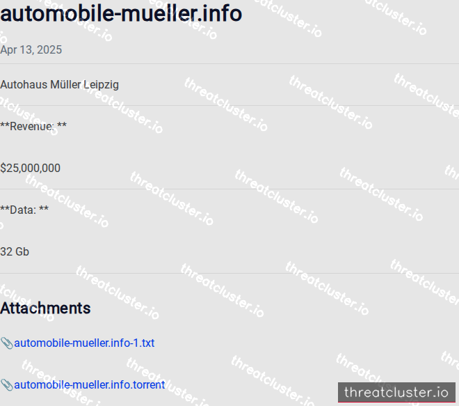 Leak-site post naming automobile-mueller.info, captured by ThreatCluster