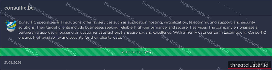 Leak-site post naming consultic.be, captured by ThreatCluster