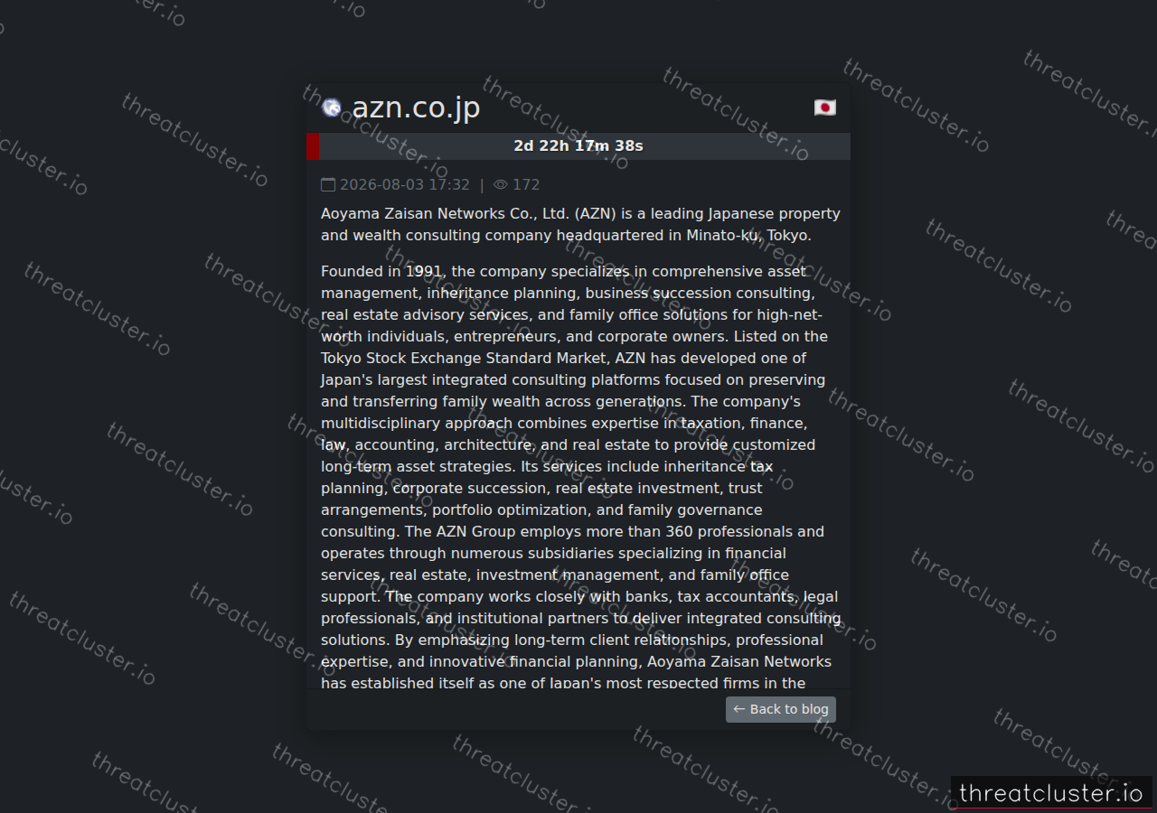 Leak-site post naming azn.co.jp, captured by ThreatCluster