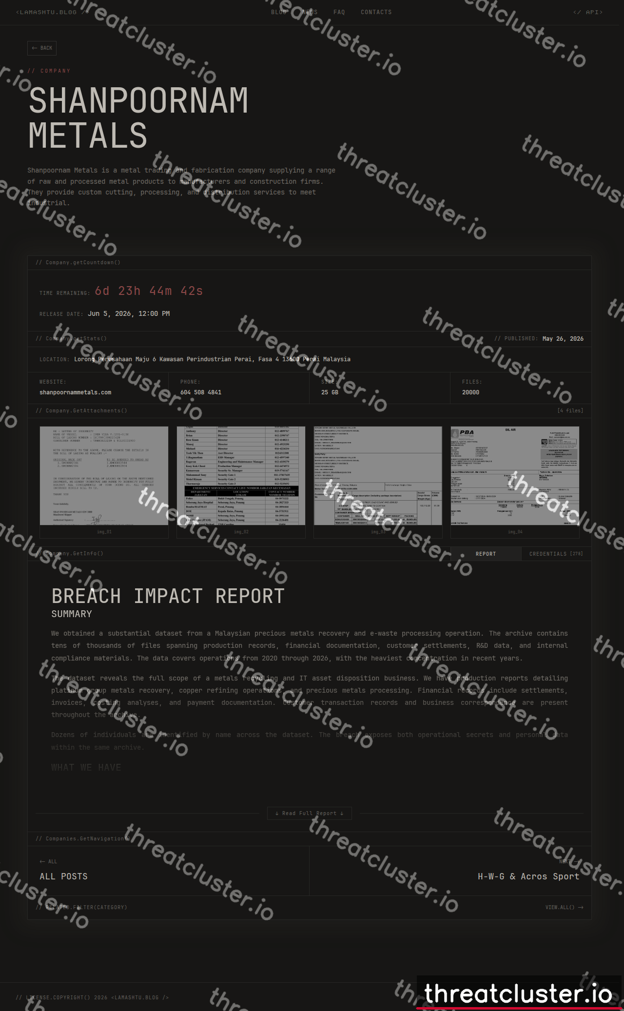 Leak-site post naming Shanpoornam Metals, captured by ThreatCluster