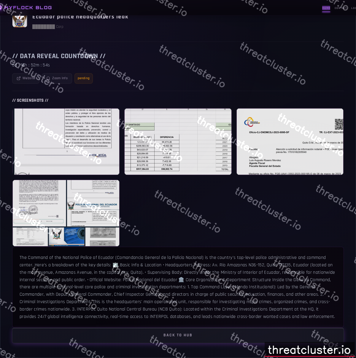 Leak-site post naming Ecuador police headquarters, captured by ThreatCluster