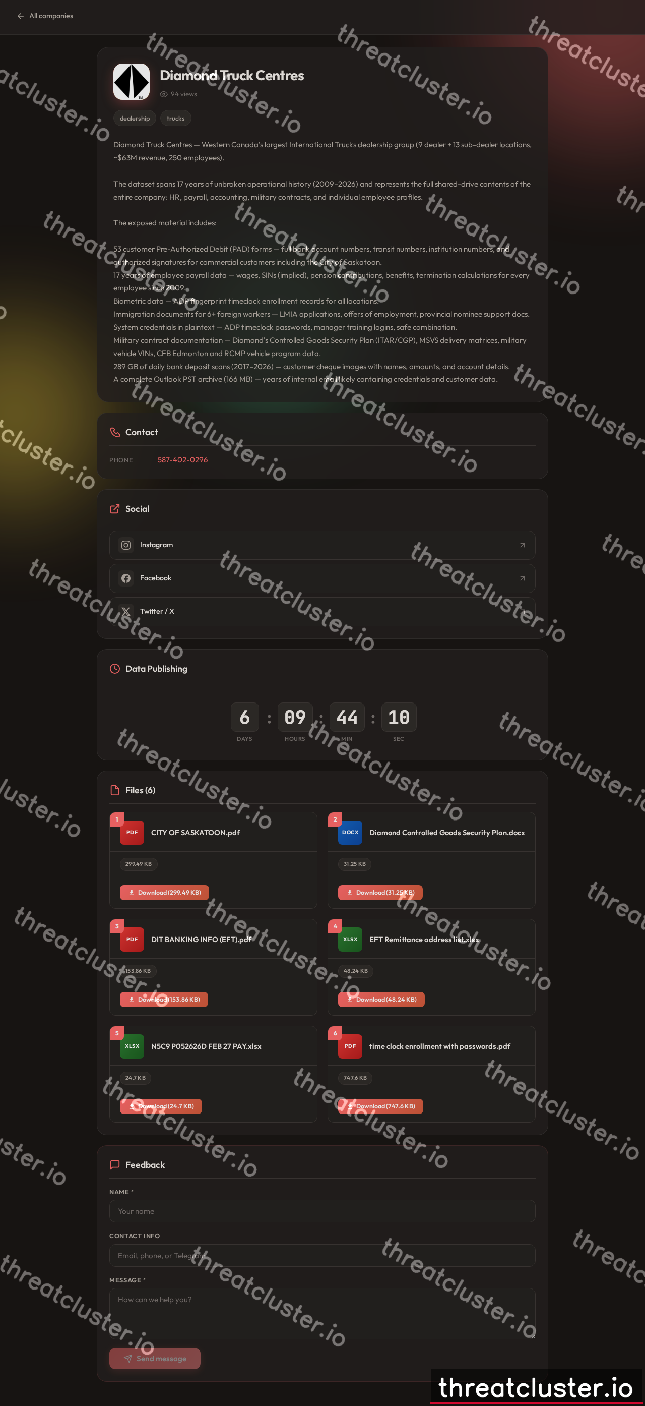 Leak-site post naming Diamond Truck Centres, captured by ThreatCluster