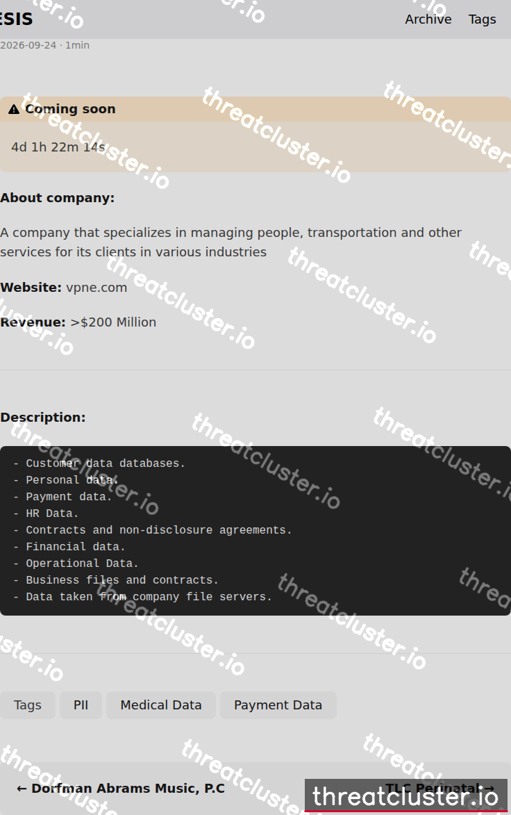 Leak-site post naming VPNE, captured by ThreatCluster