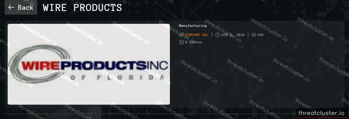 Leak-site post naming Wire Products, captured by ThreatCluster