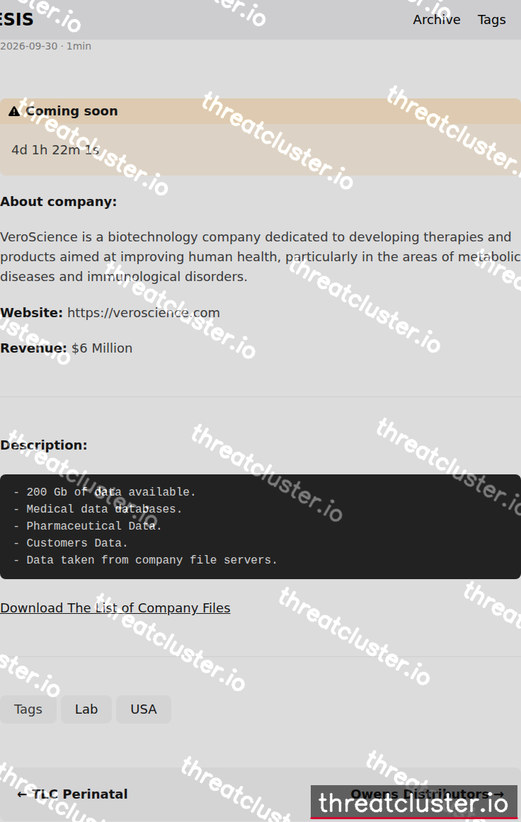 Leak-site post naming Vera Science, captured by ThreatCluster
