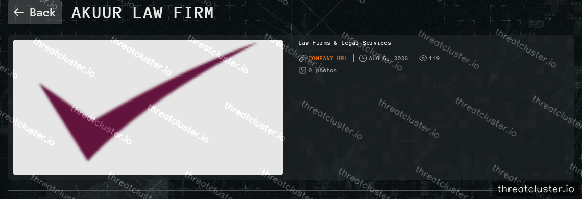 Leak-site post naming Akuur Law Firm, captured by ThreatCluster