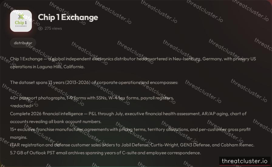 Leak-site post naming Chip 1 Exchange, captured by ThreatCluster